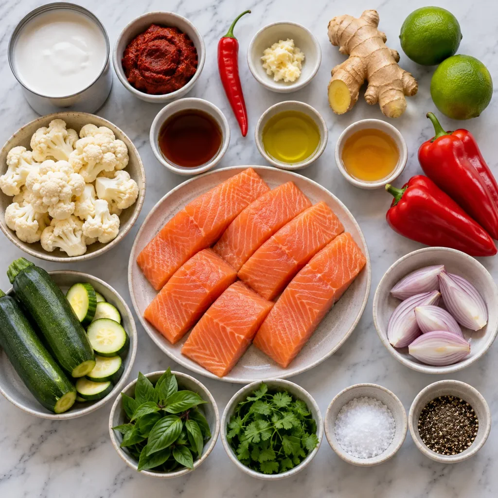 Ingredients for Mary Berry Thai Salmon Traybake Recipe including salmon, coconut milk, Thai paste and vegetables