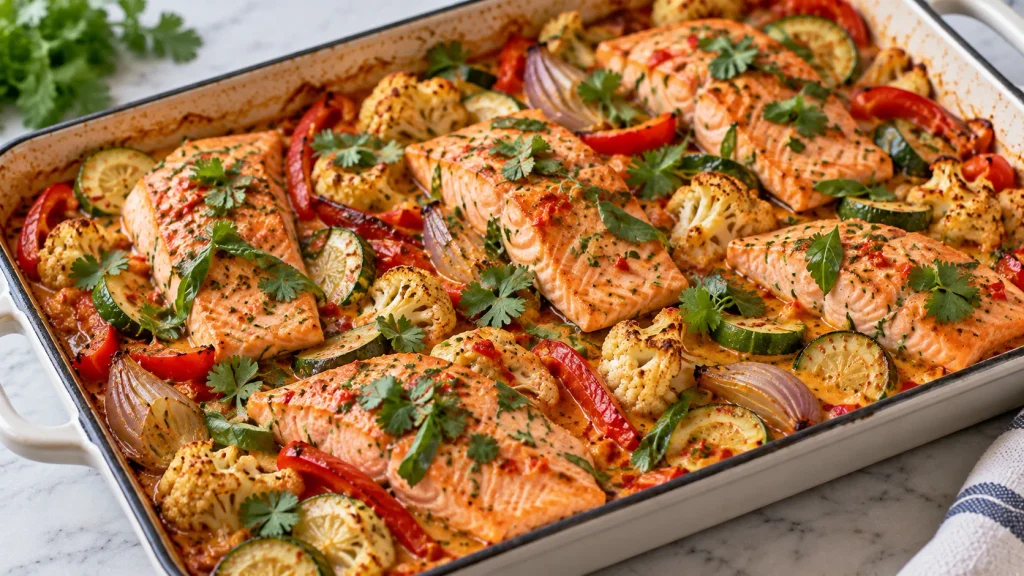 Mary Berry Thai Salmon Traybake Recipe with tender salmon and roasted vegetables