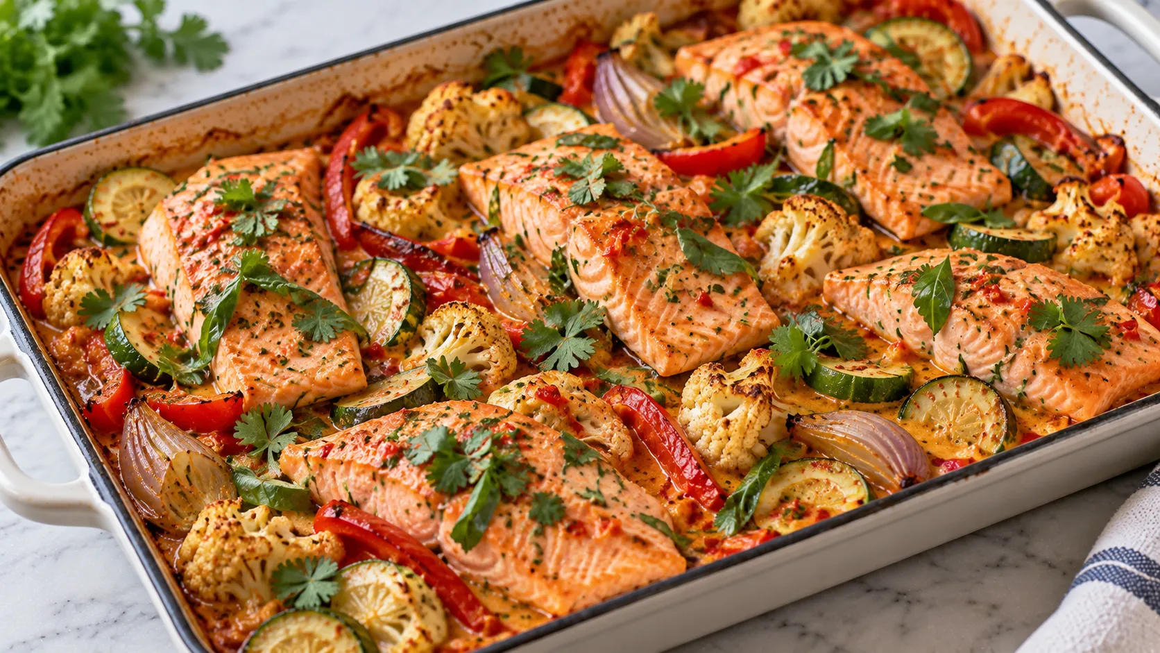 Mary Berry Thai Salmon Traybake Recipe with tender salmon and roasted vegetables