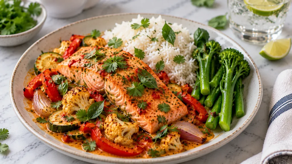 Mary Berry Thai Salmon Traybake served with steamed rice, Thai basil and fresh coriander