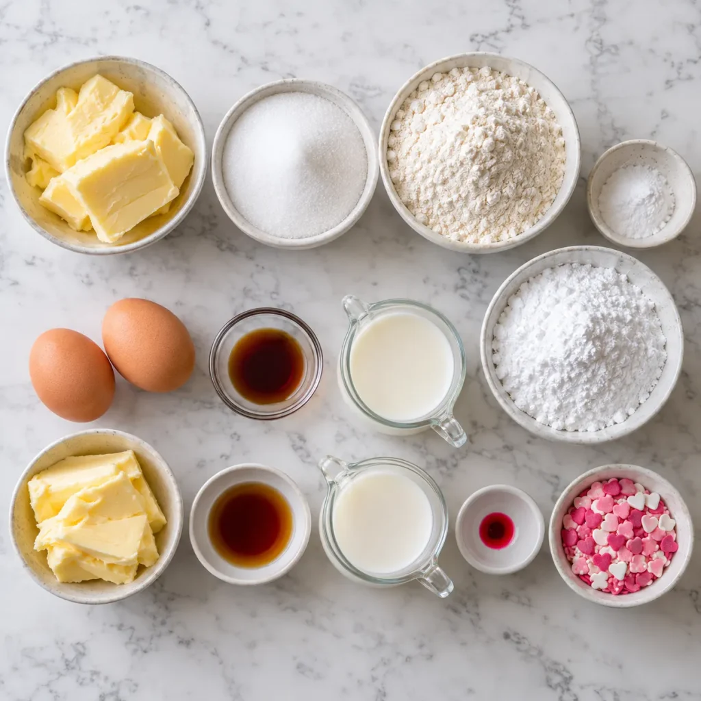 Flat-lay of ingredients for Mary Berry Vanilla Cupcakes Recipe including self-raising flour, eggs, butter and icing sugar