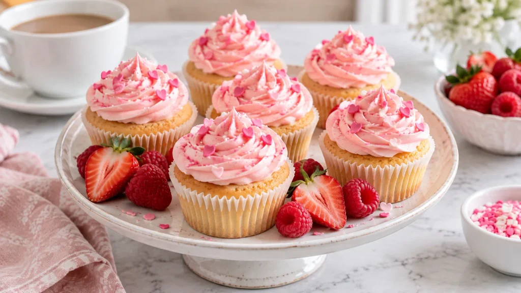 Vanilla cupcakes with pink icing and sprinkles arranged for serving at a birthday or afternoon tea