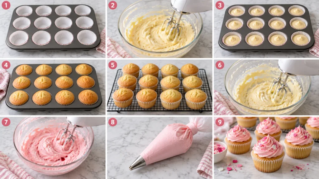 Step-by-step baking process for vanilla cupcakes, from mixing the batter to piping pink icing
