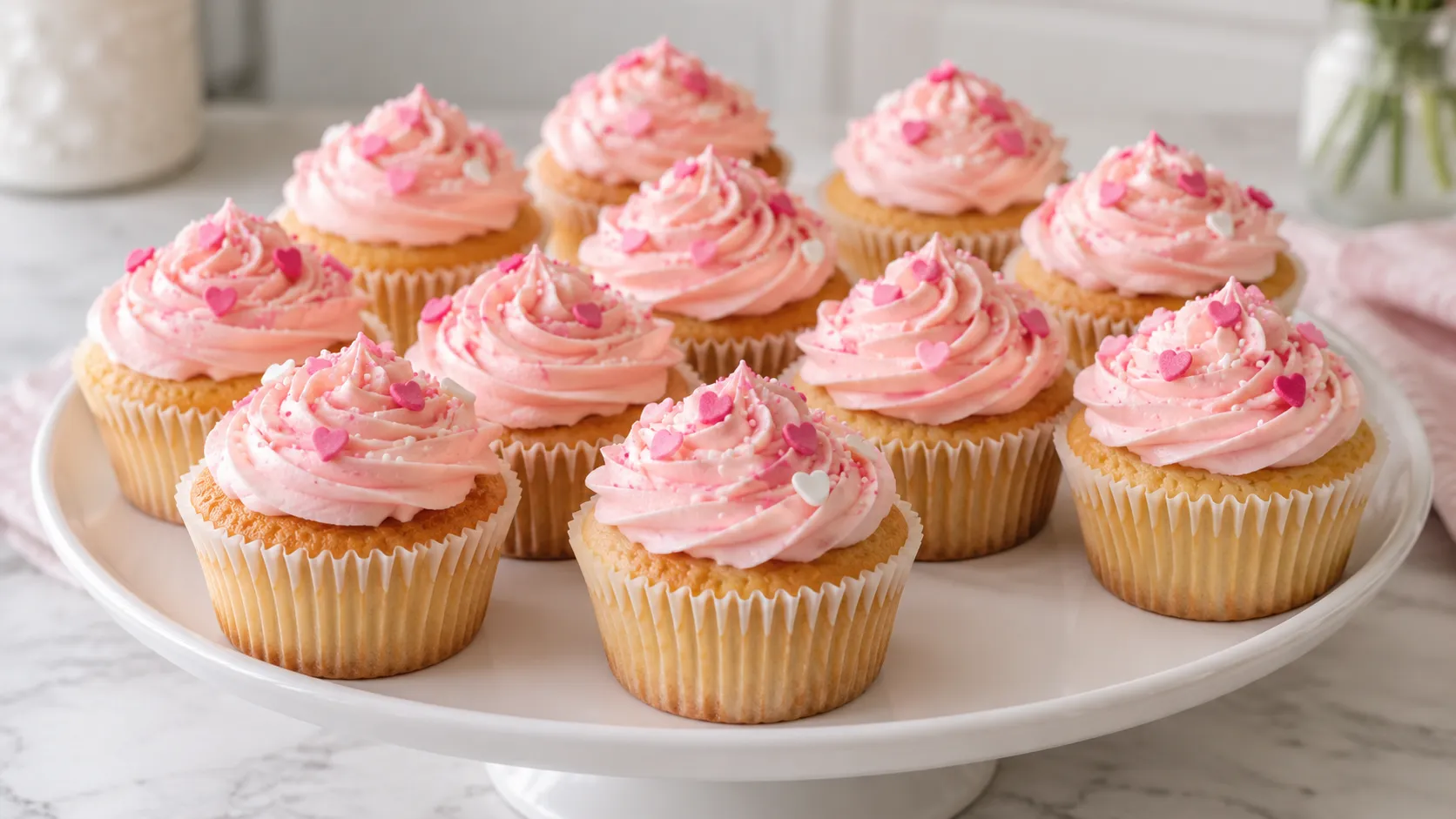 Mary Berry Vanilla Cupcakes Recipe topped with pink swirled icing and sprinkles