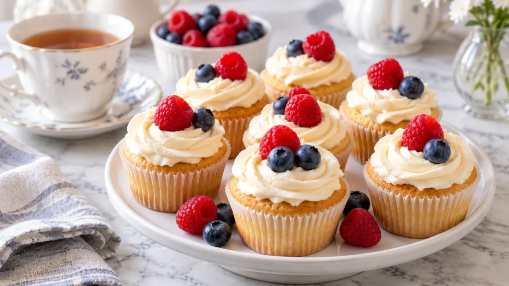 Vegan cupcakes garnished with fresh berries and served on a platter for afternoon tea