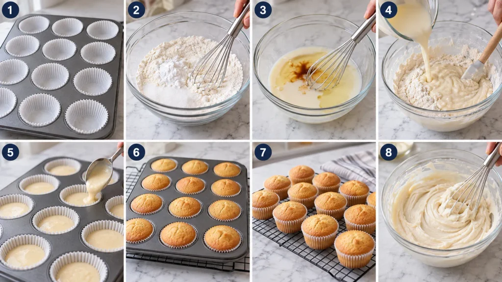 Step-by-step baking process for vegan cupcakes, from mixing the batter to icing with vegan buttercream