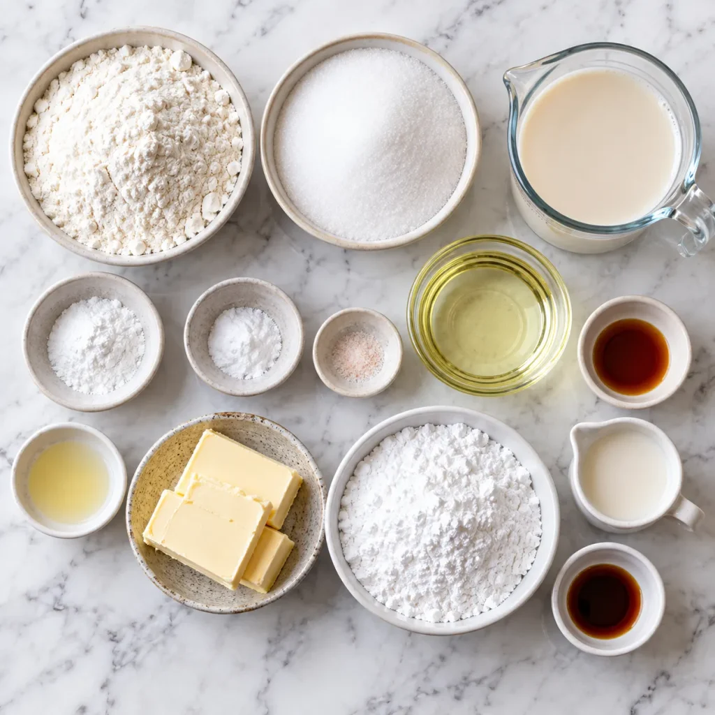 Flat-lay of ingredients for Mary Berry Vegan Cupcakes Recipe including plain flour, plant-based milk, vegetable oil and vegan butter