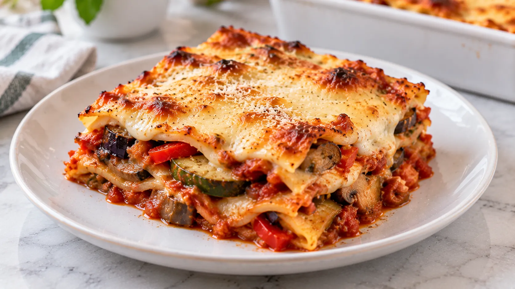 Mary Berry Vegetable Lasagne with golden melted cheese and vegetable layers