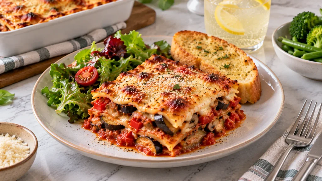 Mary Berry Vegetable Lasagne served with dressed salad leaves and a refreshing drink