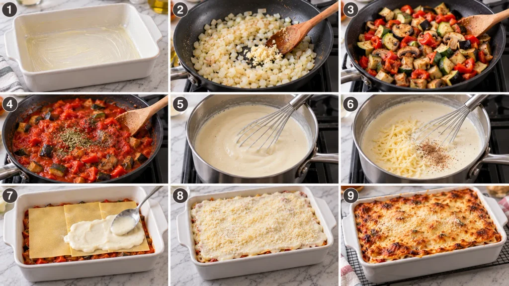 Mary Berry Vegetable Lasagne cooking process shown in chronological steps