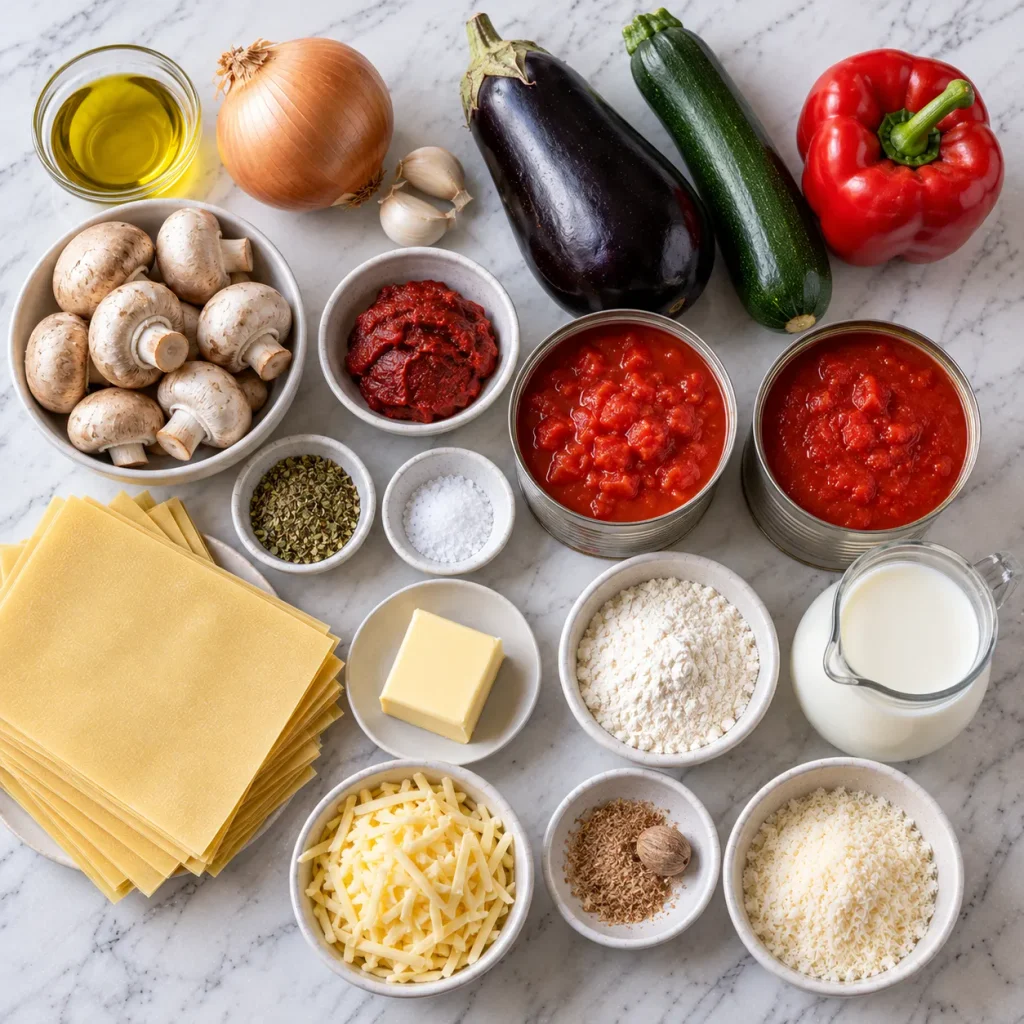 Ingredients for Mary Berry Vegetable Lasagne arranged in a flat lay