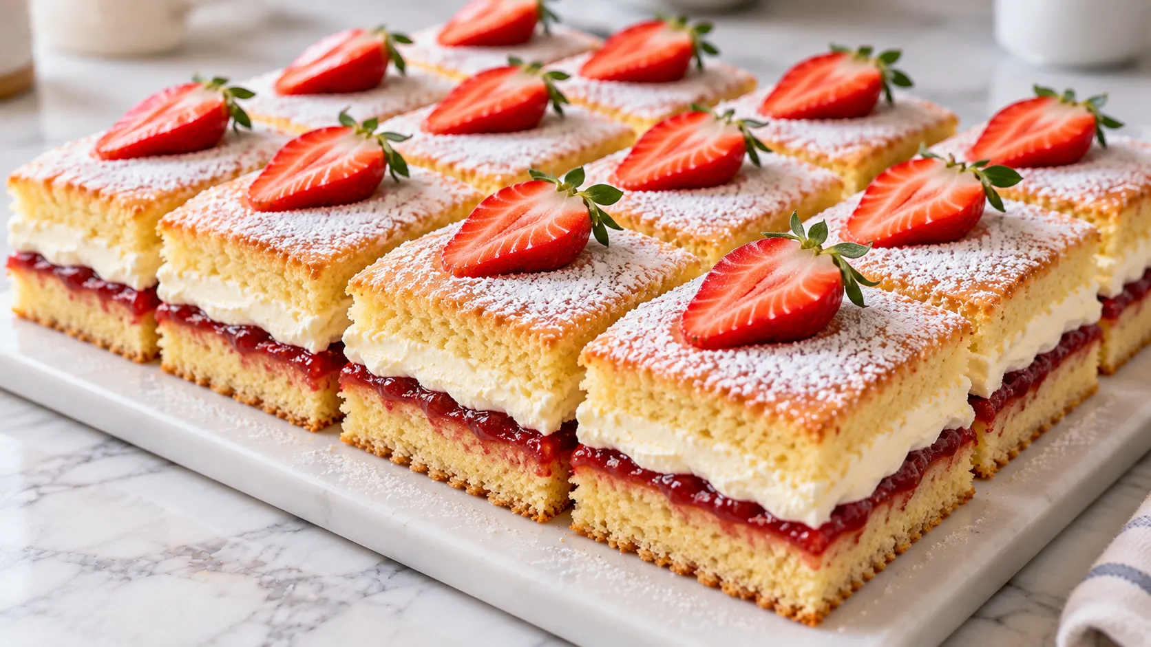 Mary Berry Victoria sponge traybake topped with whipped cream and dusted with icing sugar
