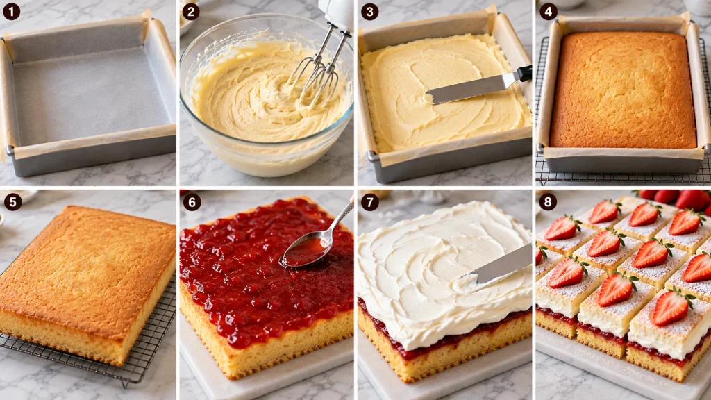 Step-by-step collage showing how to make Victoria sponge traybake, from mixing the batter to spreading jam and cream