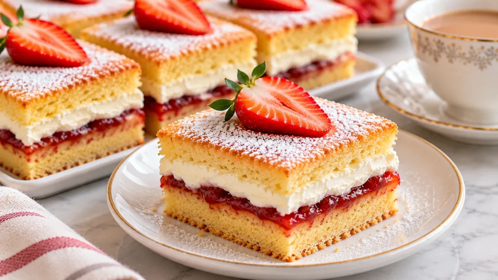 Victoria sponge traybake cut into squares with halved strawberries, ready to serve