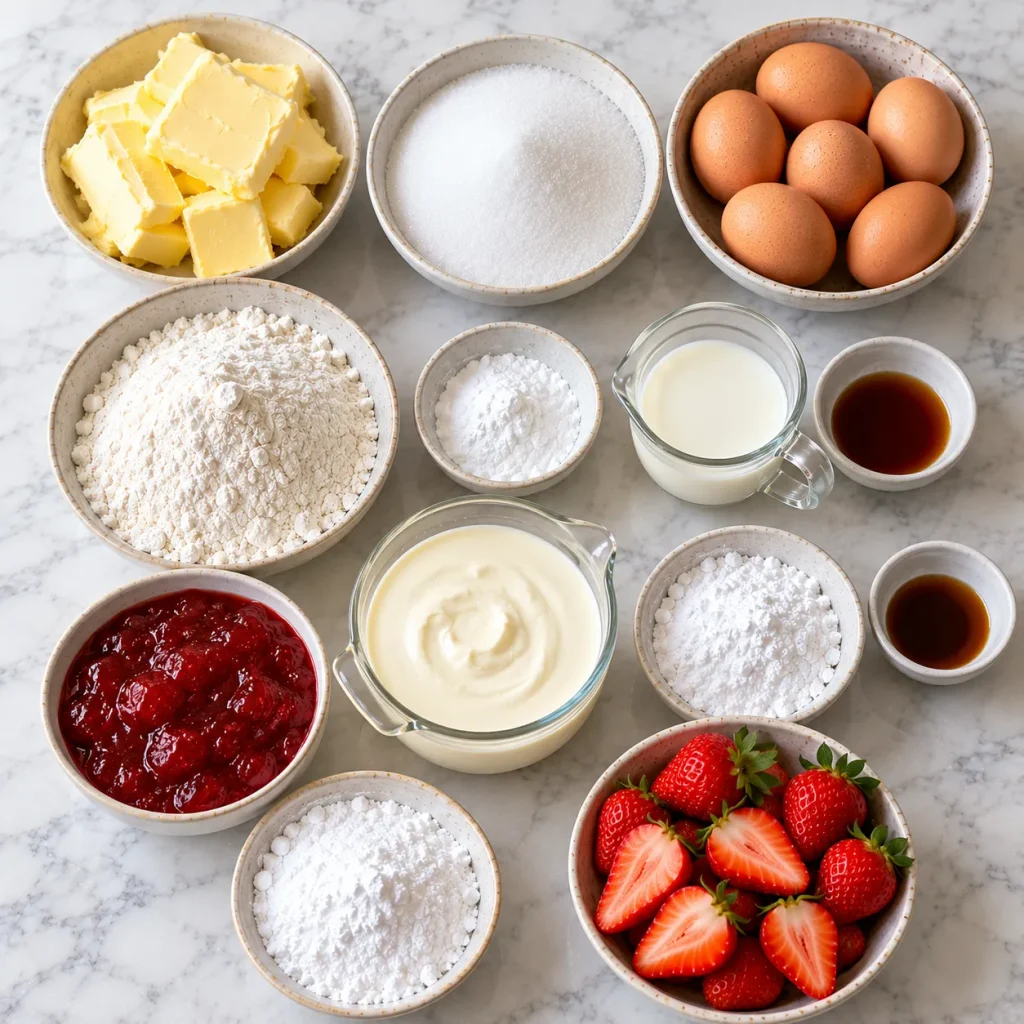 Flat-lay of ingredients for Victoria sponge traybake, including butter, eggs, flour, strawberry jam and double cream