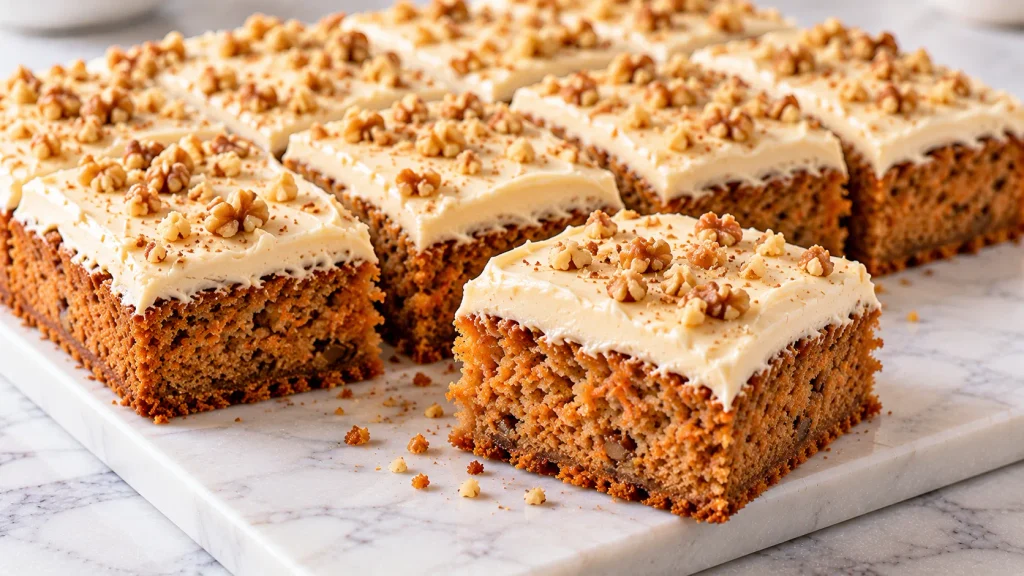 Mary Berry carrot cake traybake topped with cream cheese frosting and finely chopped nuts