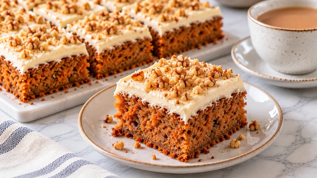 Carrot cake traybake cut into squares with cream cheese frosting, ready to serve