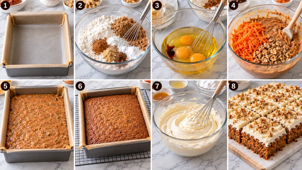 Step-by-step panels showing how to make carrot cake traybake, from mixing the batter to baking and frosting