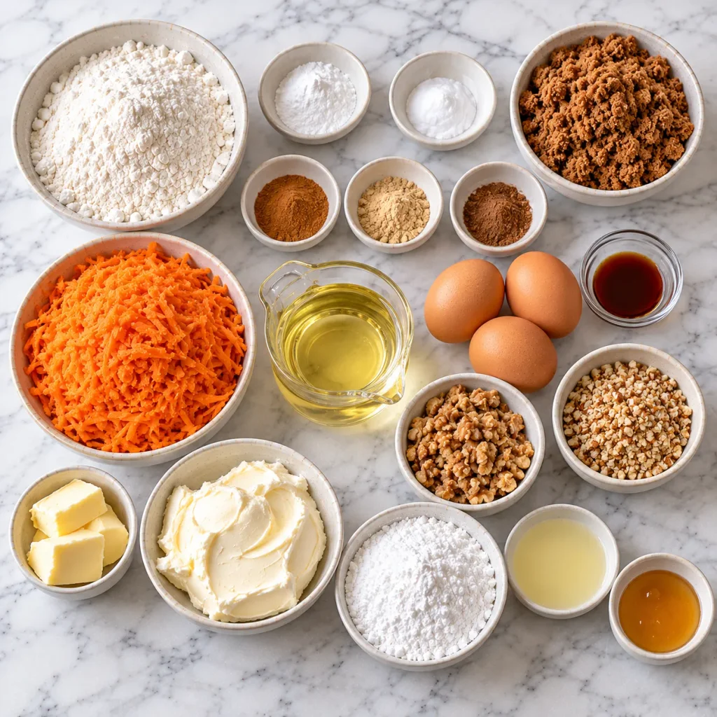 Flat lay of carrot cake ingredients including carrots, self-raising flour, muscovado sugar, eggs, walnuts, cream cheese and spices
