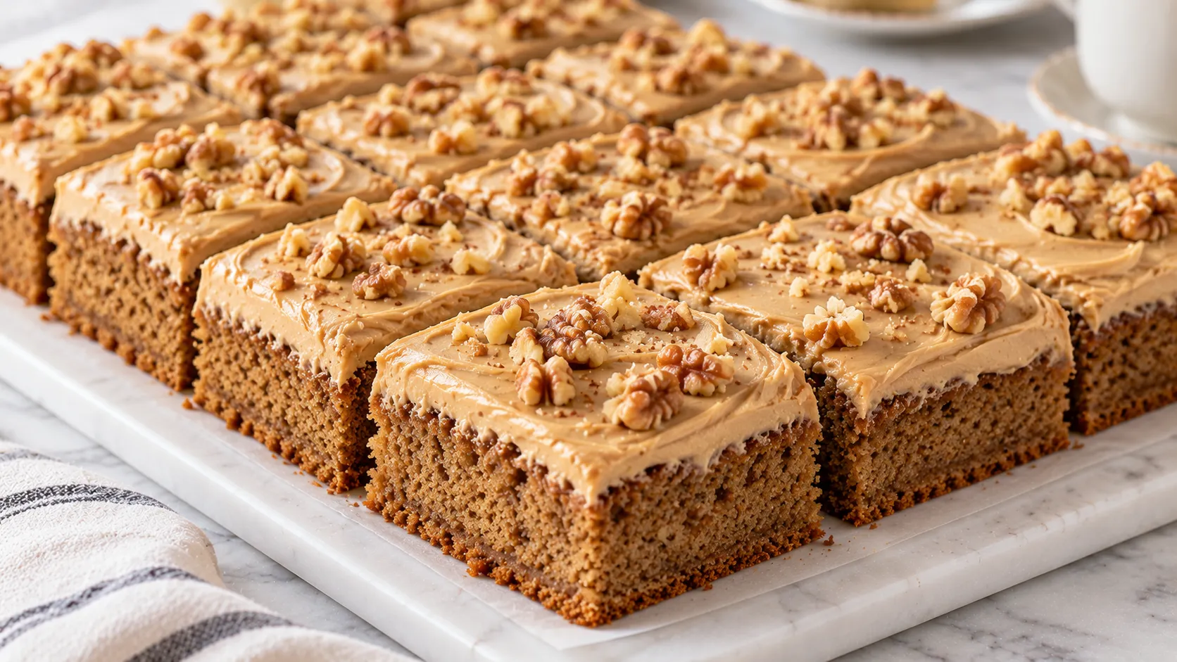 Mary Berry coffee and walnut traybake with coffee icing and chopped walnuts on top