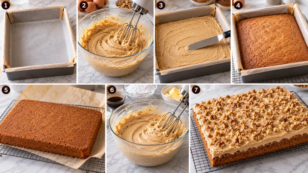 Step-by-step collage showing how to make coffee and walnut traybake, from mixing the sponge to icing the cake