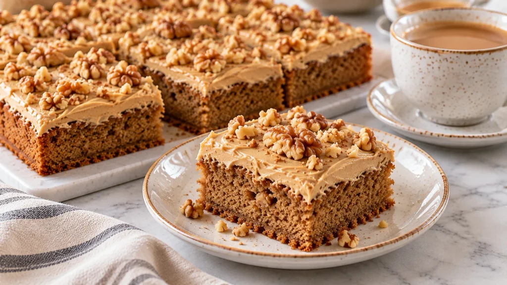 Coffee and walnut traybake cut into pieces, topped with coffee icing and walnuts