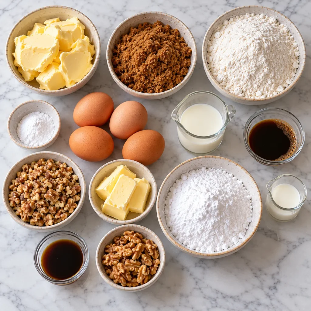 Flat-lay of ingredients for coffee and walnut traybake, including flour, sugar, eggs, butter, coffee and walnuts
