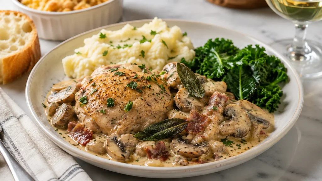 Mary Berry creamy chicken casserole with white wine ready to serve