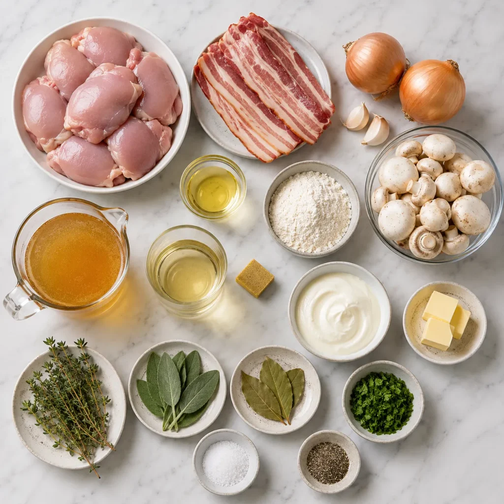 Ingredients for Mary Berry creamy chicken casserole with white wine