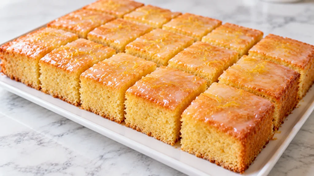 Mary Berry lemon drizzle traybake with a lemon drizzle topping on a light sponge