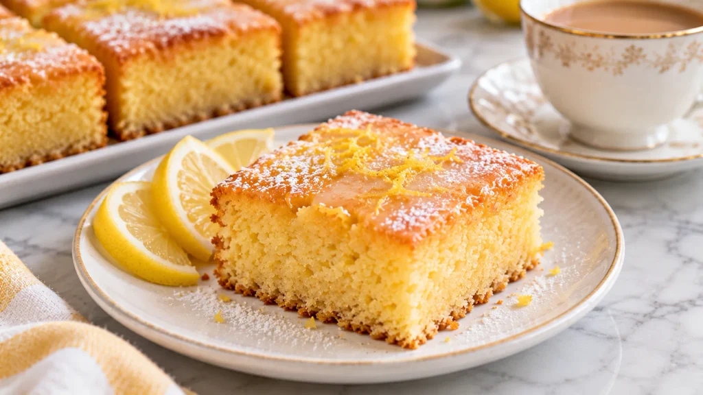 Lemon drizzle traybake squares served for afternoon tea