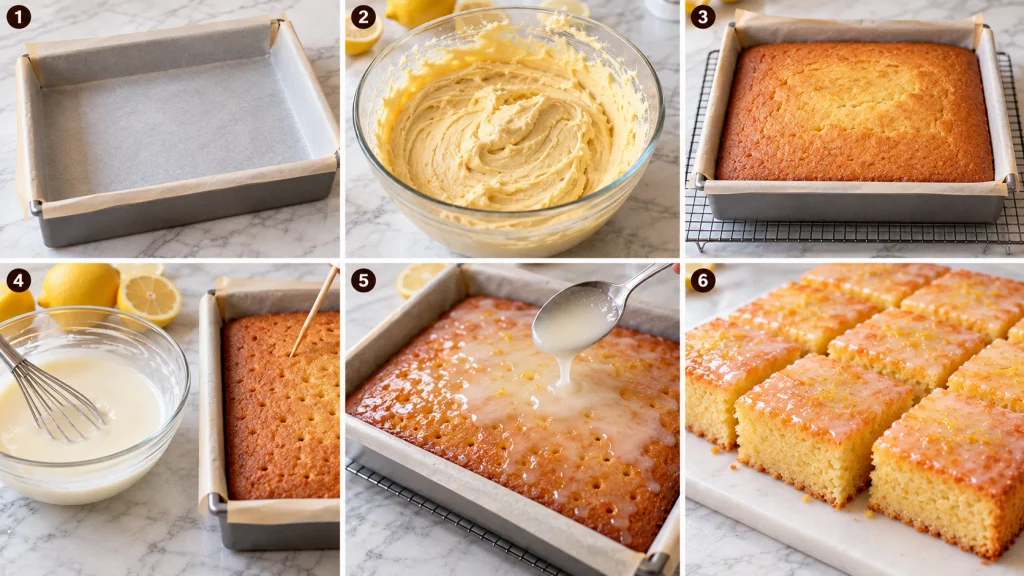 Step-by-step collage showing how to make lemon drizzle traybake, from mixing the batter to pouring on the drizzle