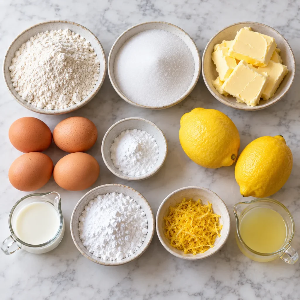 Flat-lay of ingredients for Mary Berry lemon drizzle traybake, including flour, sugar, butter, eggs and lemons