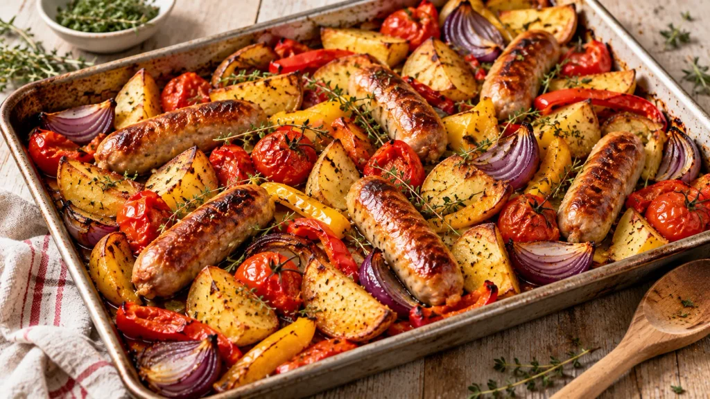 Roasting tray of sausages with potatoes, onions, peppers and tomatoes