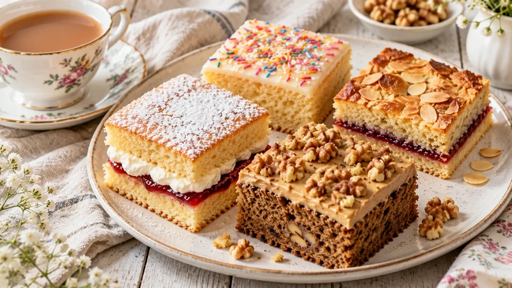 Victoria sponge, iced sprinkle sponge, Bakewell and coffee and walnut traybake squares served with tea