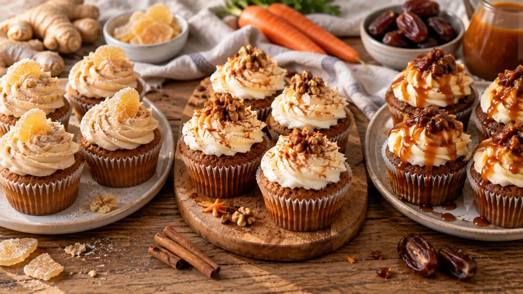 Mary Berry ginger, carrot cake, and sticky toffee cupcakes with buttercream and toffee drizzle