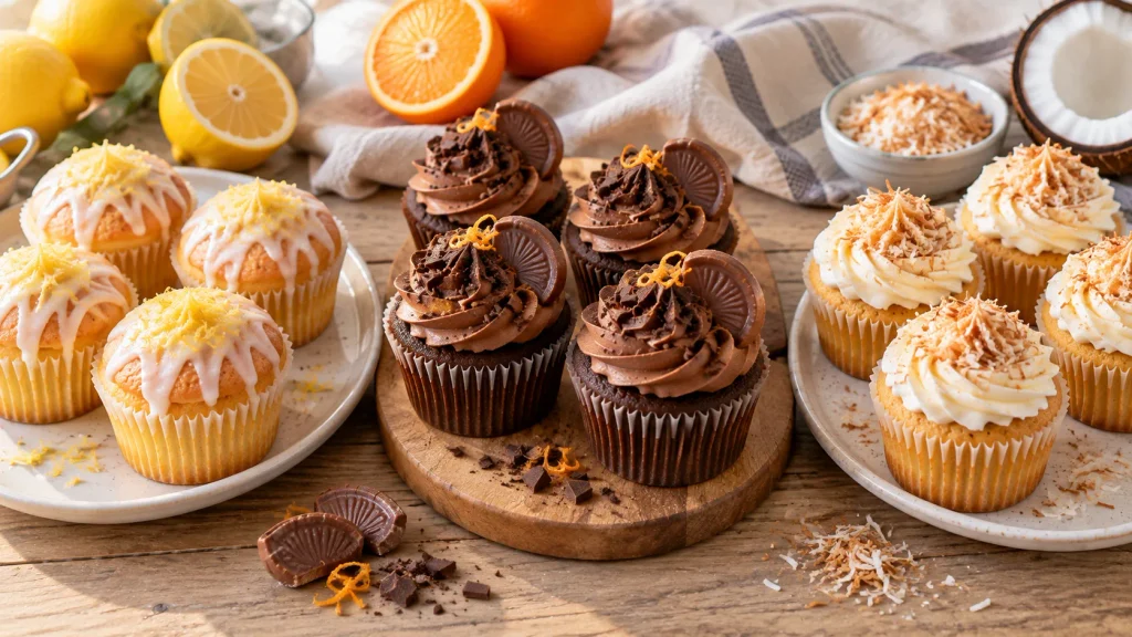 Mary Berry lemon drizzle, chocolate orange, and coconut cupcakes arranged together