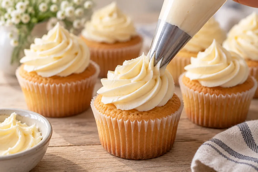 Mary Berry buttercream icing being piped in a swirl onto a cupcake with a star nozzle