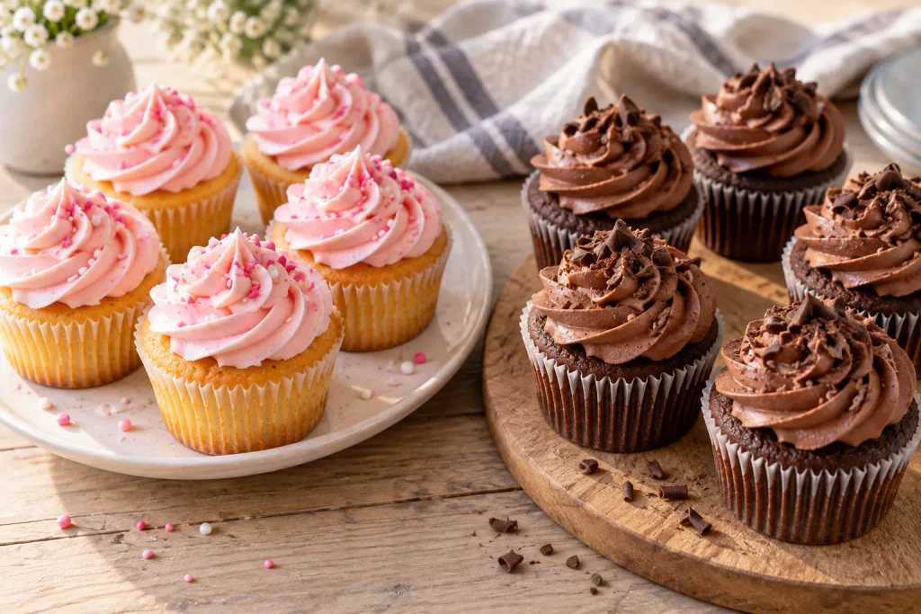 Mary Berry vanilla and chocolate cupcake recipe with piped buttercream swirls, side by side