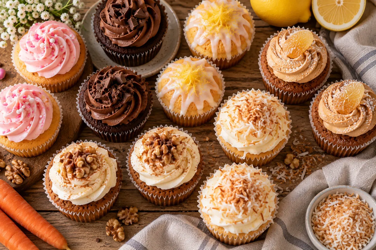 A selection of Mary Berry cupcake recipe including chocolate, vanilla, lemon drizzle, ginger, and carrot cake varieties