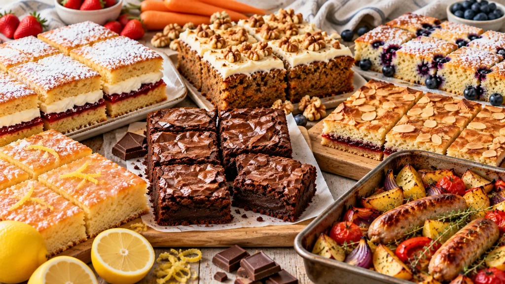 Mary Berry traybake recipes collection featuring chocolate brownies, lemon drizzle, carrot cake, blueberry traybake, Bakewell slices and sausage traybake.