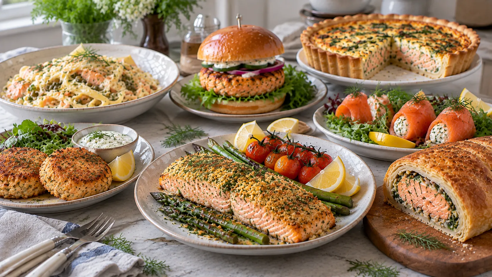 Mary Berry Salmon Recipes featuring herb-crusted salmon, salmon pasta, fish cakes, salmon burger, quiche and smoked salmon starters