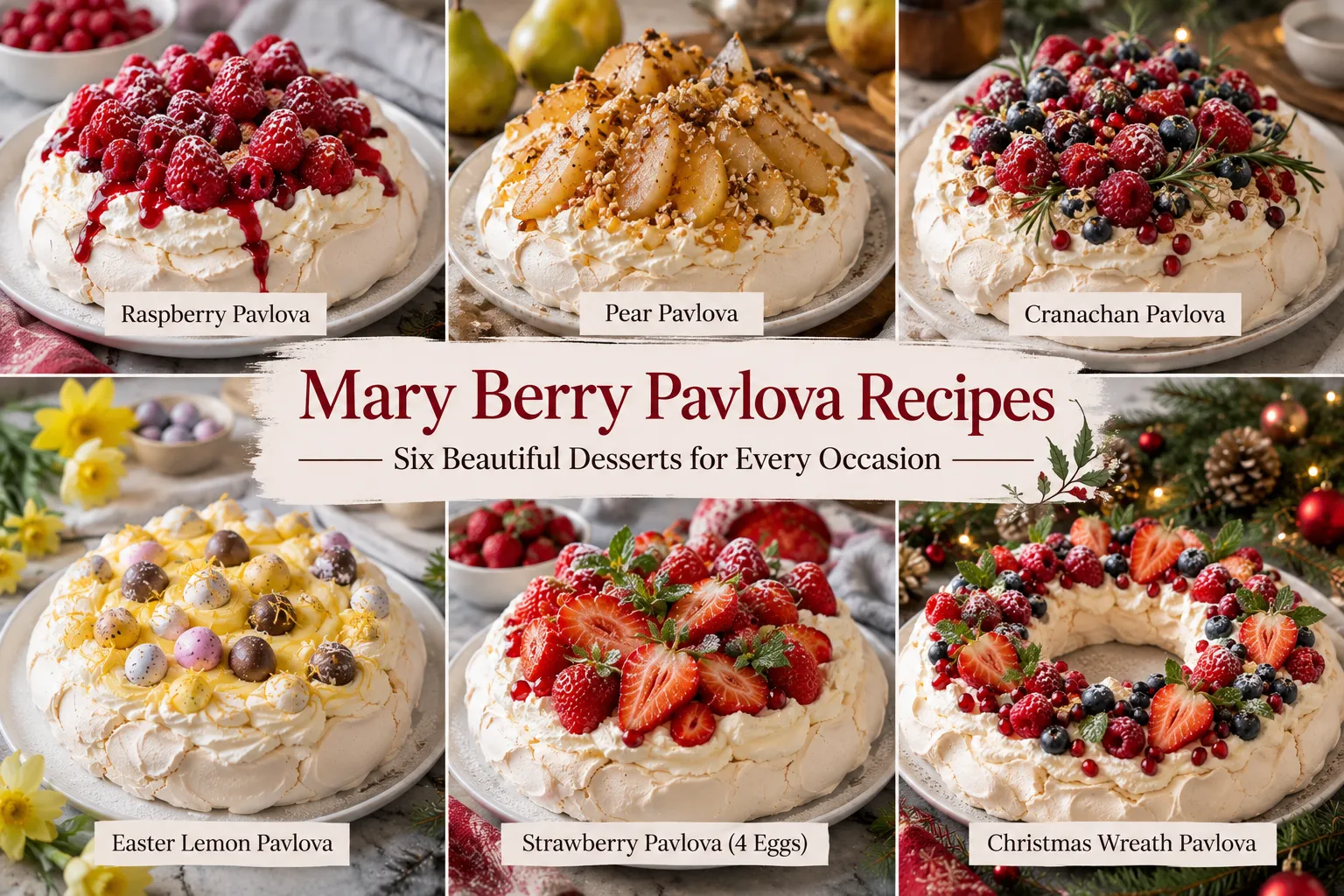 Mary Berry Pavlova Recipes featuring raspberry, pear, Cranachan, Easter lemon, strawberry and Christmas wreath pavlovas.