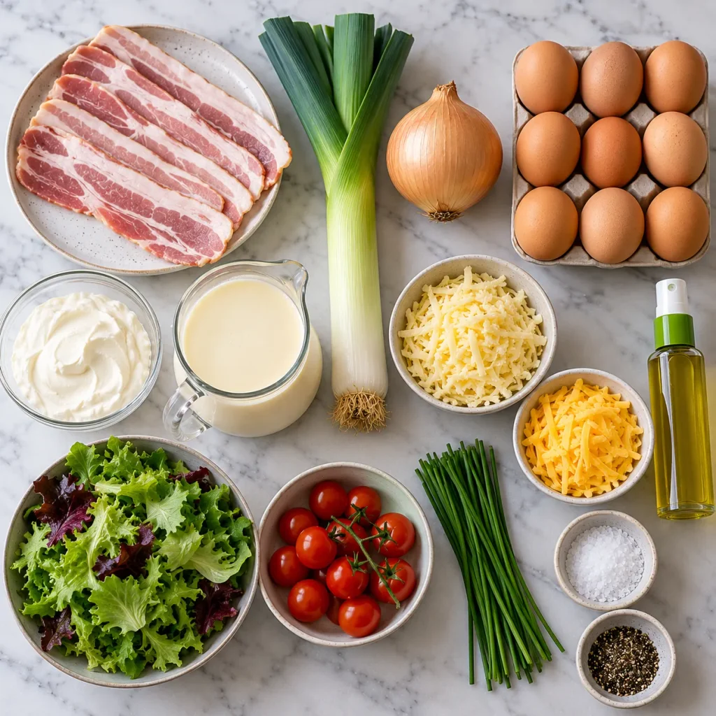 Ingredients for crustless quiche including bacon, leek, onion, eggs, cream, crème fraîche and cheese