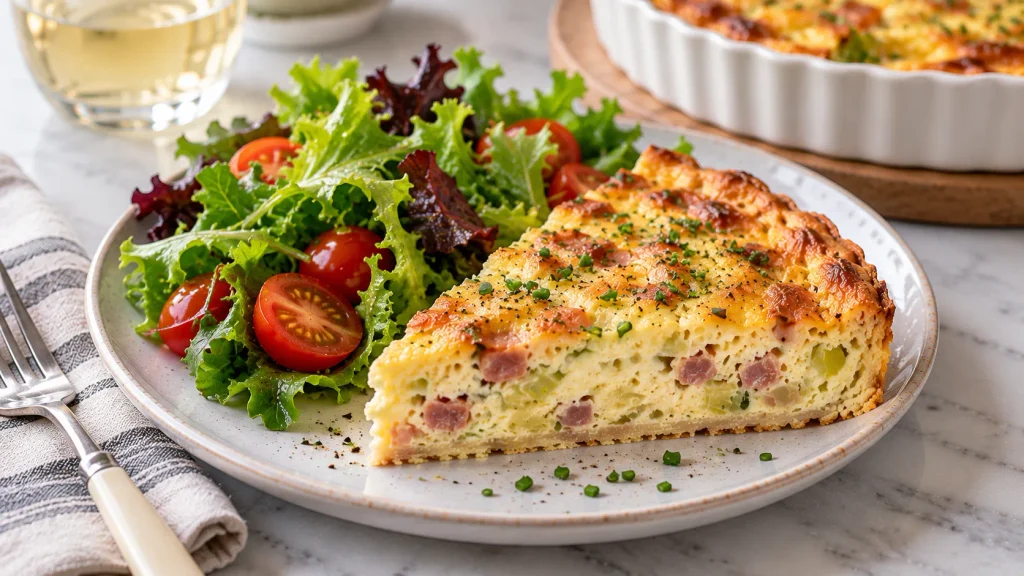 Wedge of crustless quiche served with a green salad and cherry tomatoes