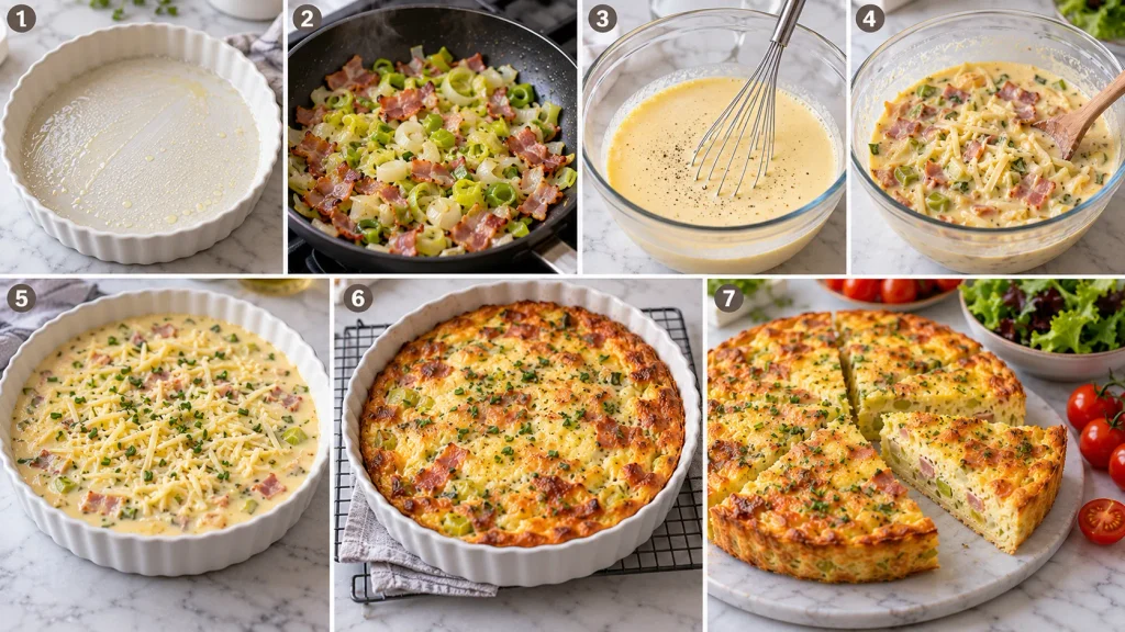 Step-by-step panels showing how to make crustless quiche from cooking the bacon to baking
