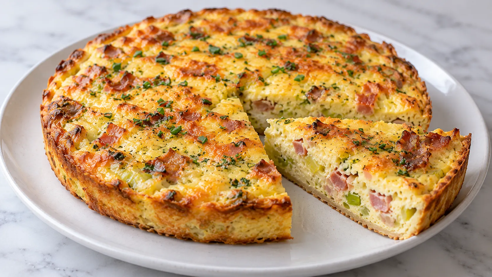 Mary Berry crustless quiche baked in an ovenproof dish with a lightly golden top