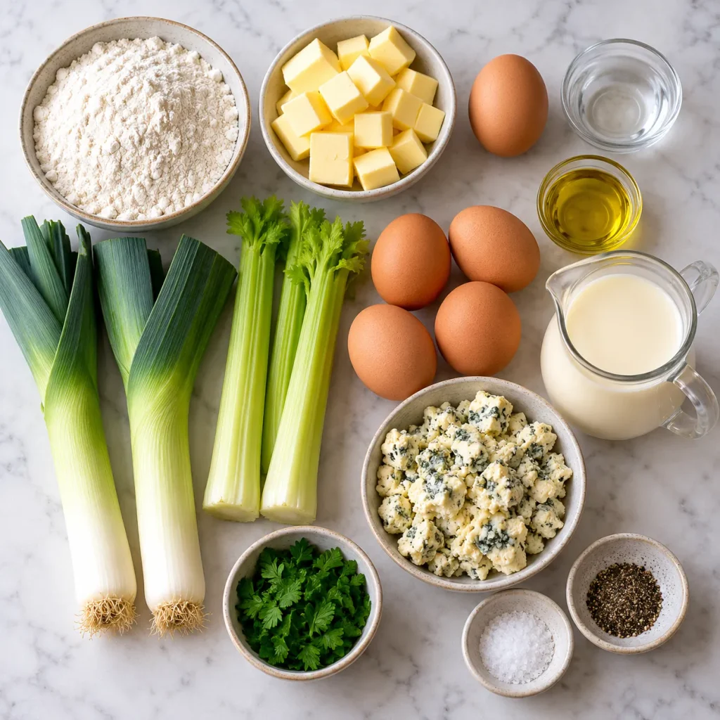 Ingredients for leek and Stilton quiche including leeks, celery, Stilton, eggs, double cream, flour and butter