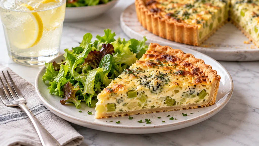 Slice of leek and Stilton quiche served with a fresh green salad
