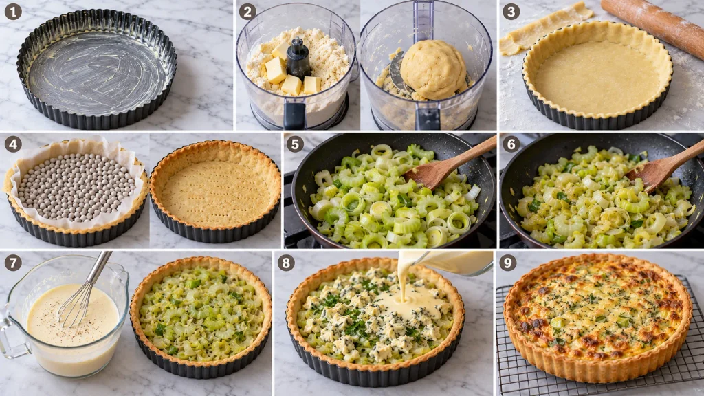 Step-by-step panels showing how to make leek and Stilton quiche from pastry to baking